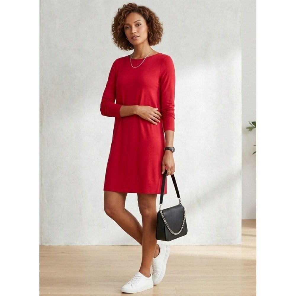 Eileen Fisher Tunic Dress Womens Small Red Long Sleeve Stretch Minimalist
